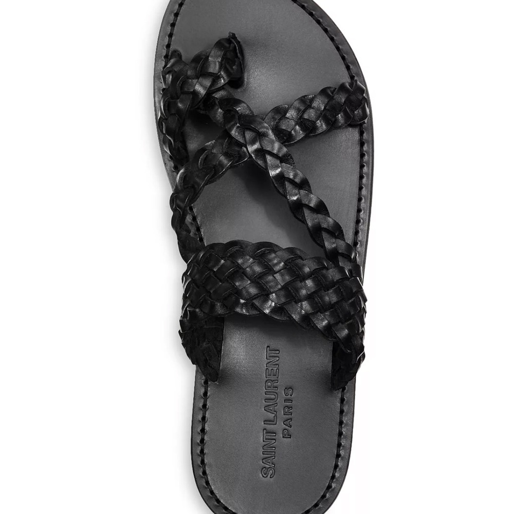 Saint Laurent Black Braided Leather Slide Sandals
